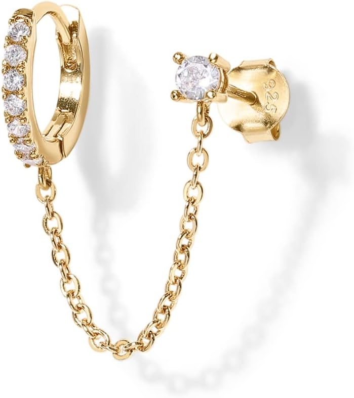 PAVOI 14K Gold Chain Earrings for Women | Double Piercing Dangle Chain Huggie Hoop Earrings | Cubic Zirconia Pearl Stud Ear Cuff Earrings for Women