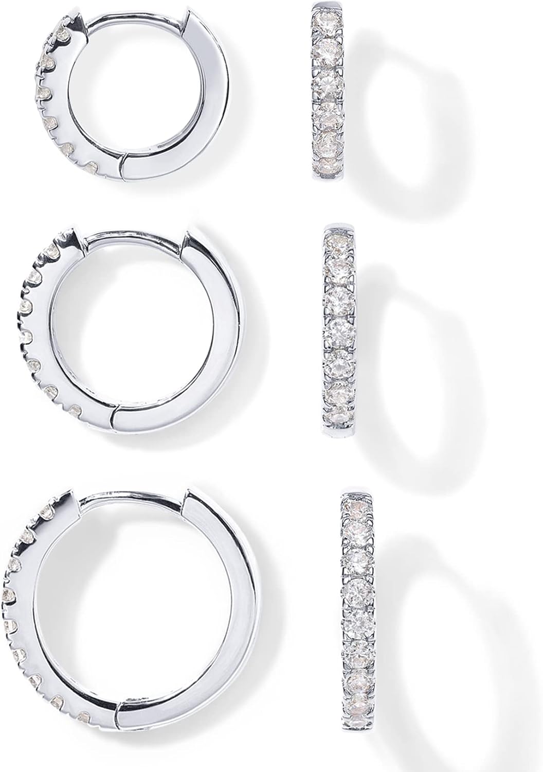 PAVOI 18K Huggie 3 Earring Pack (8mm, 10mm and 12mm) (3 Pack Huggies, White Gold)