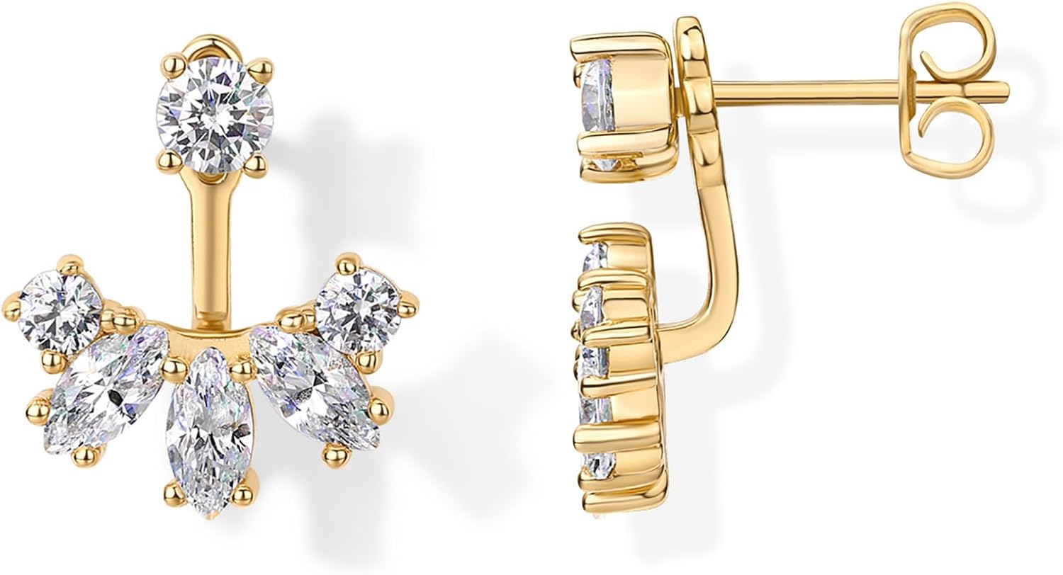 PAVOI 18K Gold Plated Sterling Silver Posts Cubic Zirconia Ear Jacket Statement Earrings for Women | Front &amp; Back Stud Earring Jackets