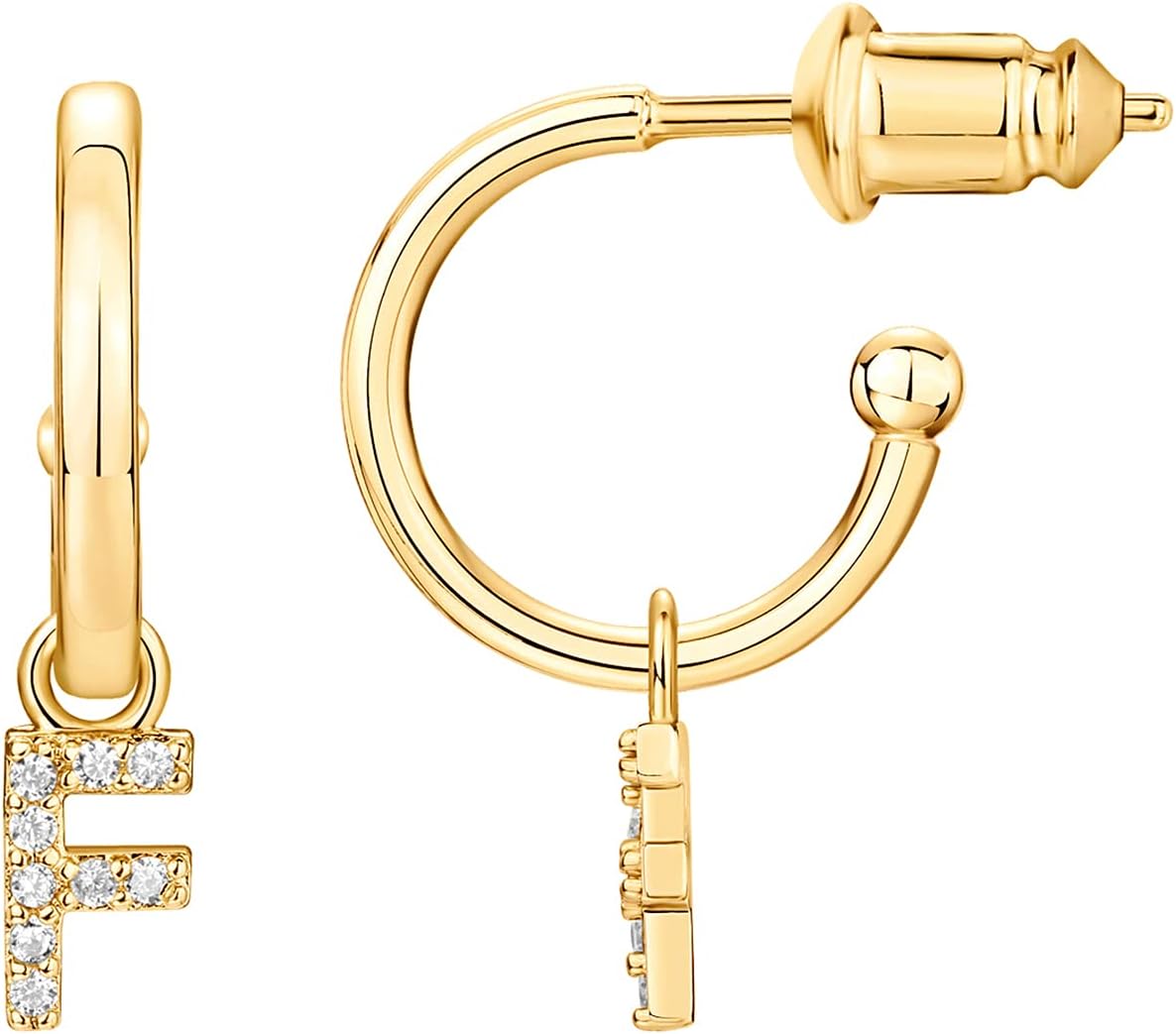 PAVOI 14K Gold Plated 925 Sterling Silver Post Huggie Earring with Initial Dangle - CZ Huggie Hoop Earrings - Women&