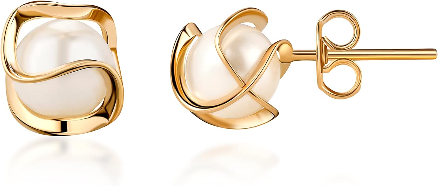 Barzel 18K Gold Plated Caged Pearl Stud Earrings, 6MM