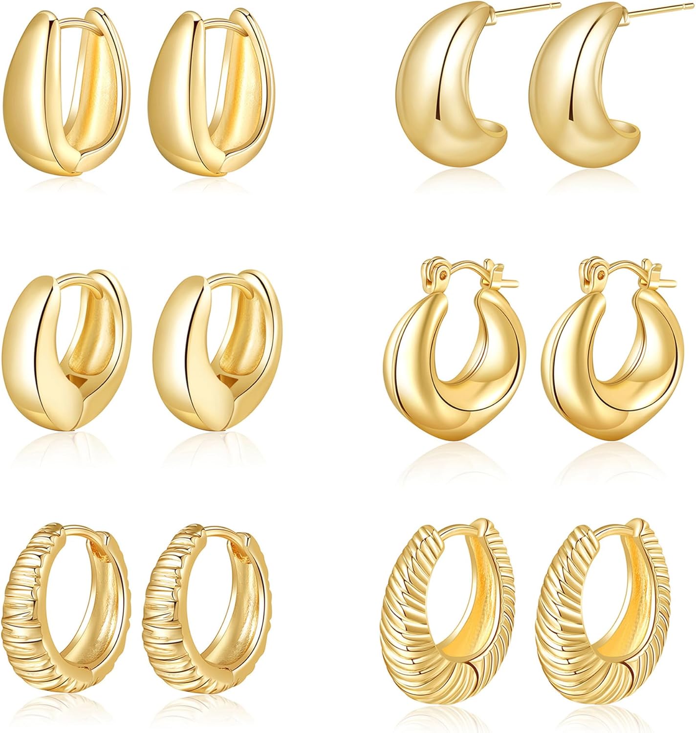 ALLHOLA 6 Pairs Gold Hoop Earrings for Women, 14K Gold Plated Lightweight Chunky Hoop Earrings Set Hypoallergenic, Thick Open Huggie Hoops Earrings Jewelry for Gifts.