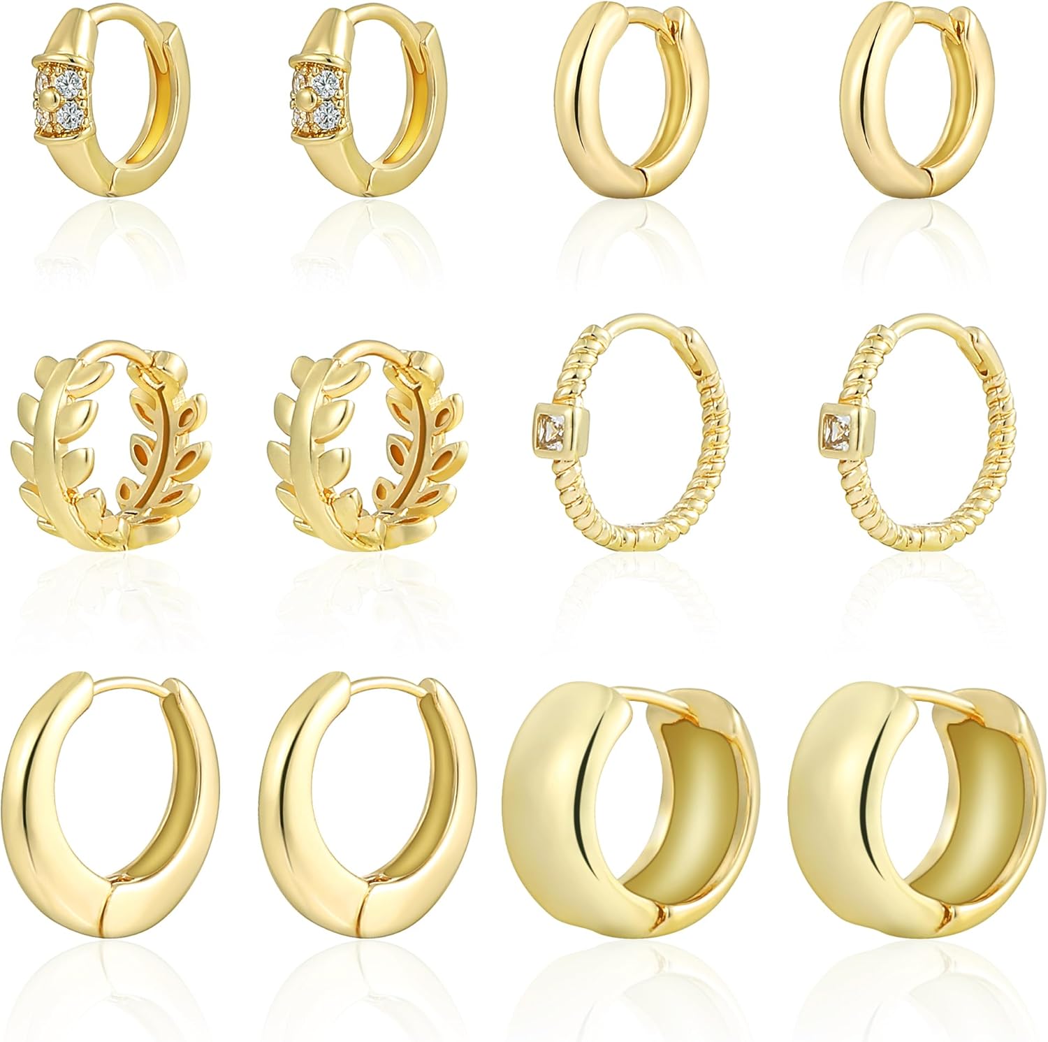 HILXURY 6 Pairs Small Gold Huggie Hoop Earrings for Women, 14K Gold Plated Cartilage Piercings Hoop Earrings Hypoallergenic, Trendy Lightweight Chunky Hoops Set for Women Gifts.