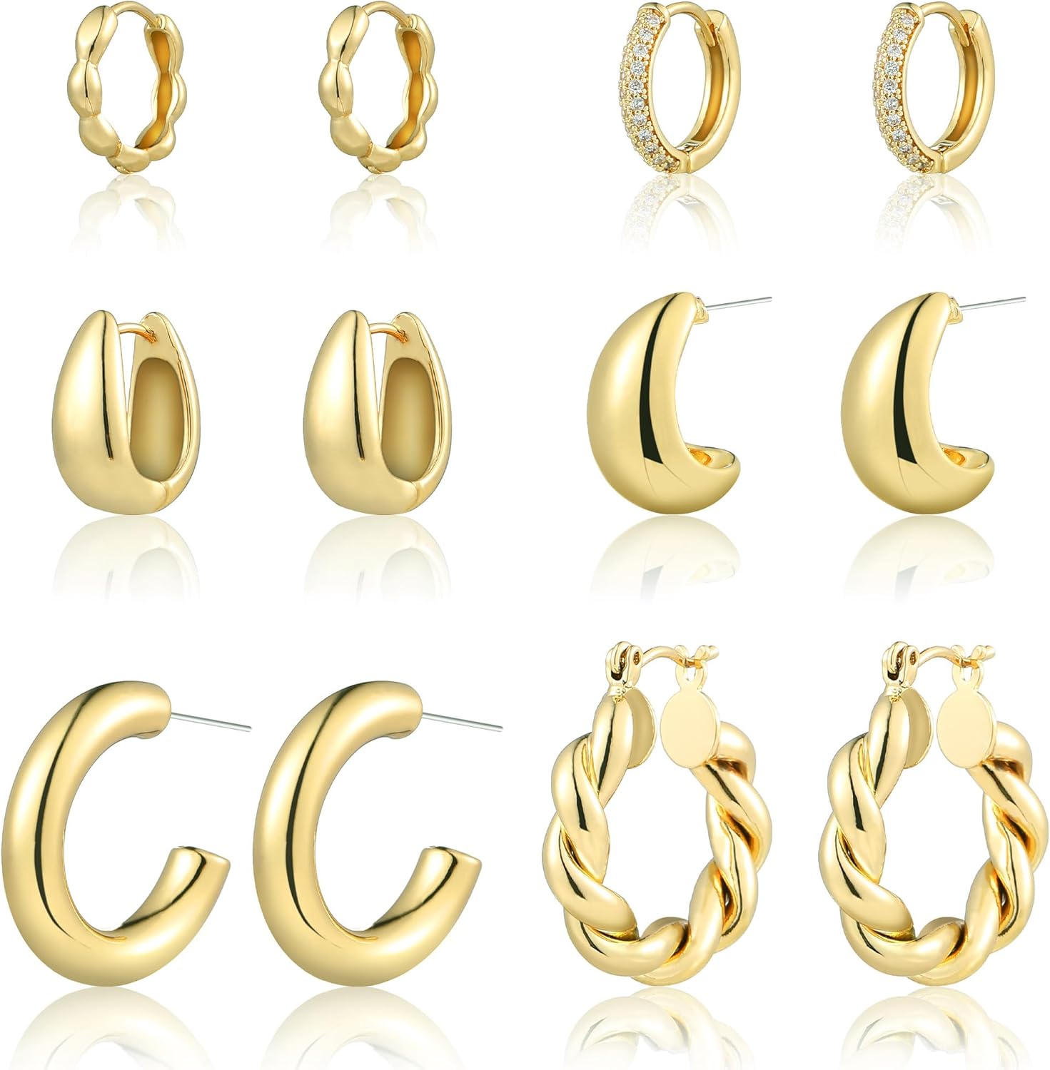 HILXURY 6 Pairs Gold Hoop Earrings for Women, 14K Gold Plated Chunky Huggie Hoop Earrings Set Hypoallergenic, Lightweight Twisted Open Hoops Jewelry for Christmas\/Birthday Gifts.