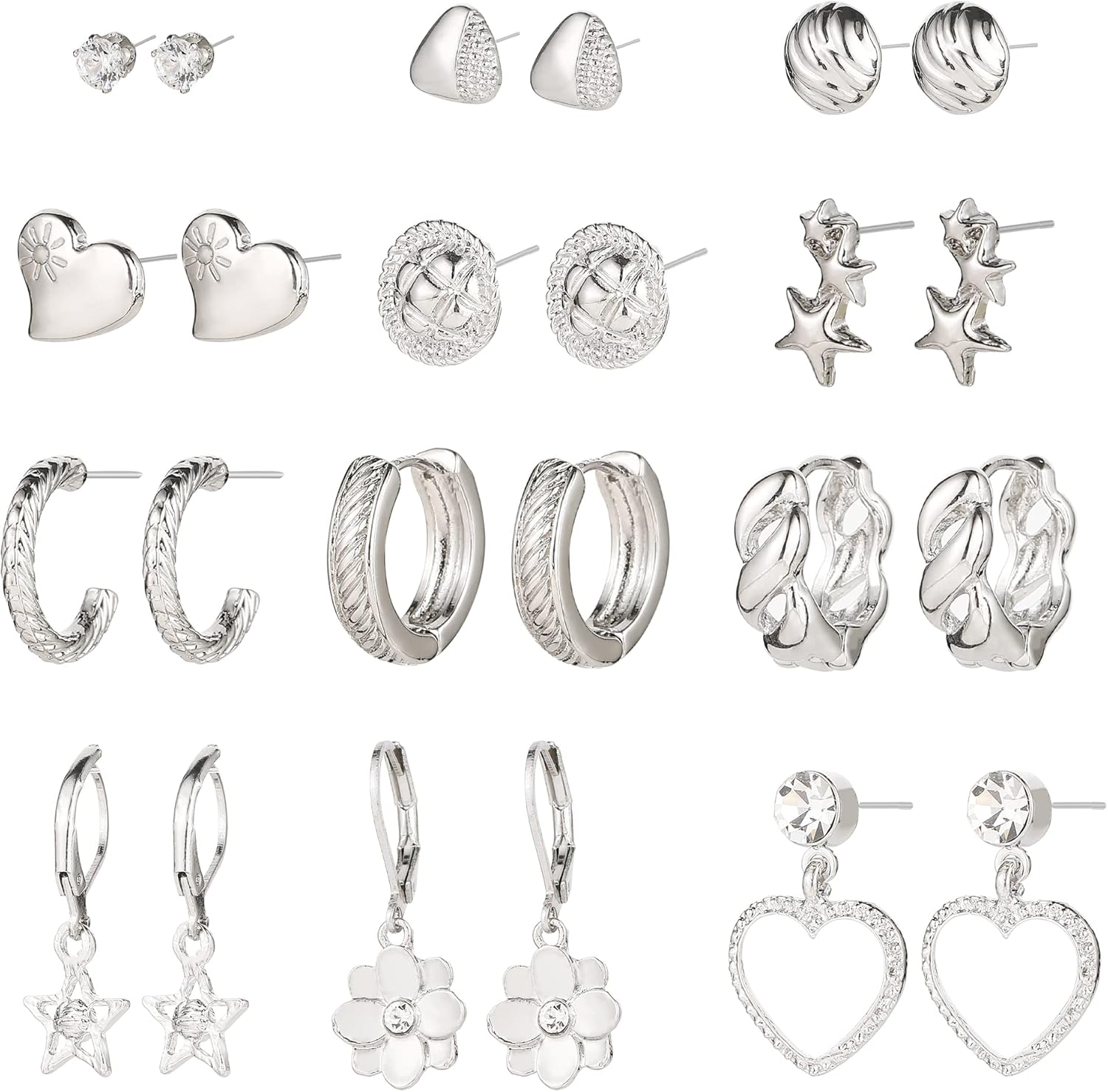 12 Pairs Gold Hoop Earrings Set for Women Multipack, Boho Fashion Statement Stud hoops Earring Packs Hypoallergenic Dainty Heart Flower Sun Star Shaped Assorted Dangle Earrings Jewelry for Gift