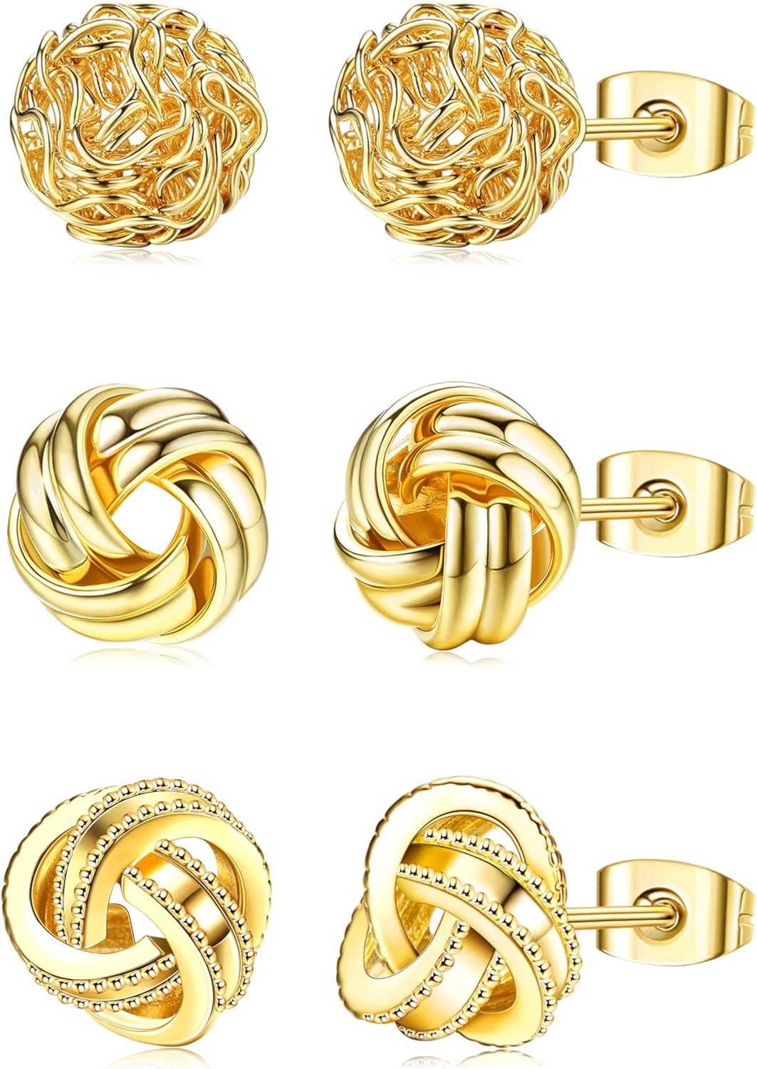 HAIAISO 3 Pairs Gold Love Knot Earrings For Women 14K Gold Plated Woven Ball Stud Earrings Love Knot Post Earrings for Sensitive Ears