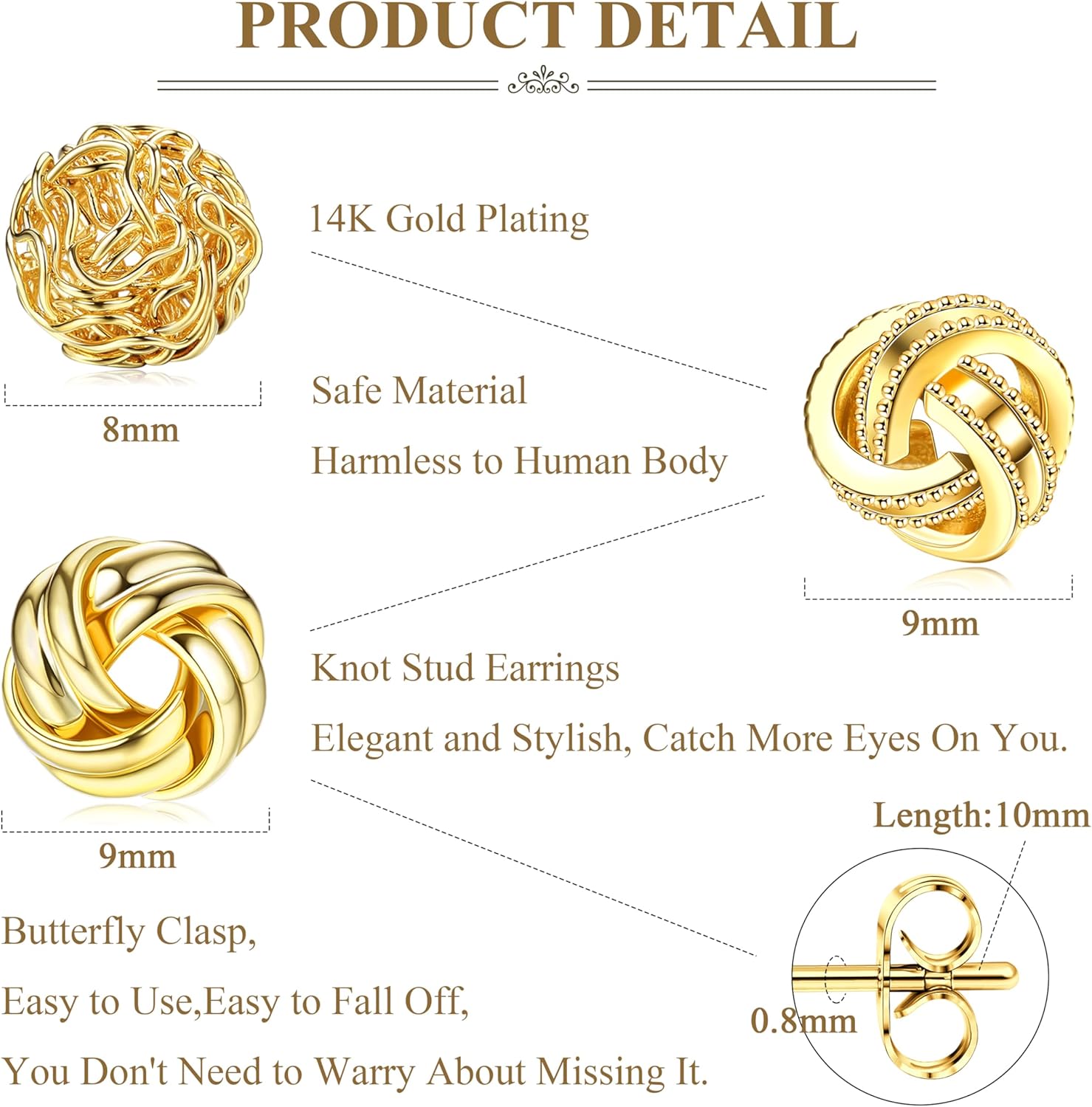 HAIAISO 3 Pairs Gold Love Knot Earrings For Women 14K Gold Plated Woven Ball Stud Earrings Love Knot Post Earrings for Sensitive Ears