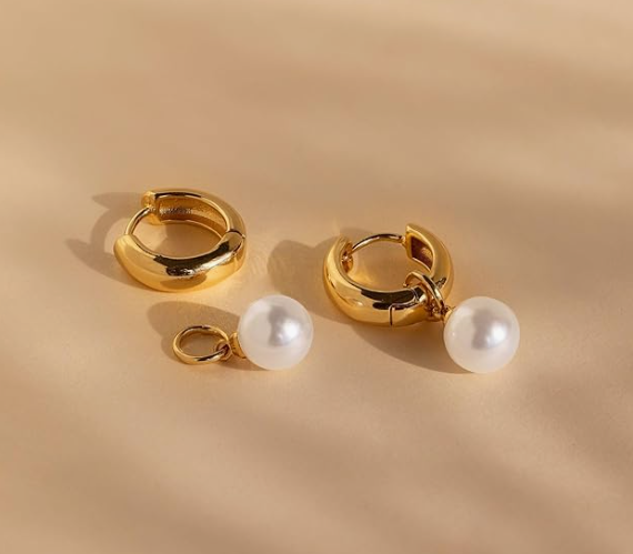 14K gold plated pearl dangle hoop earring A-1ER-24114-GDW-mange