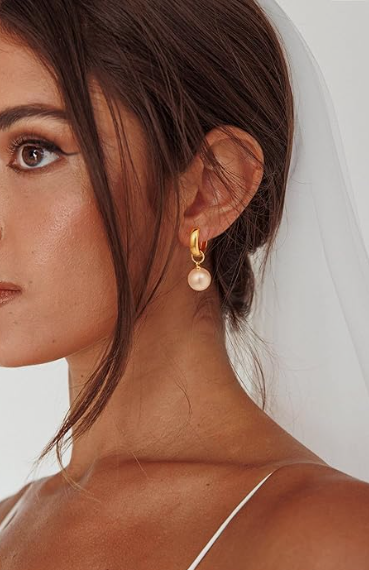 14K gold plated pearl dangle hoop earring A-1ER-24114-GDW-mange
